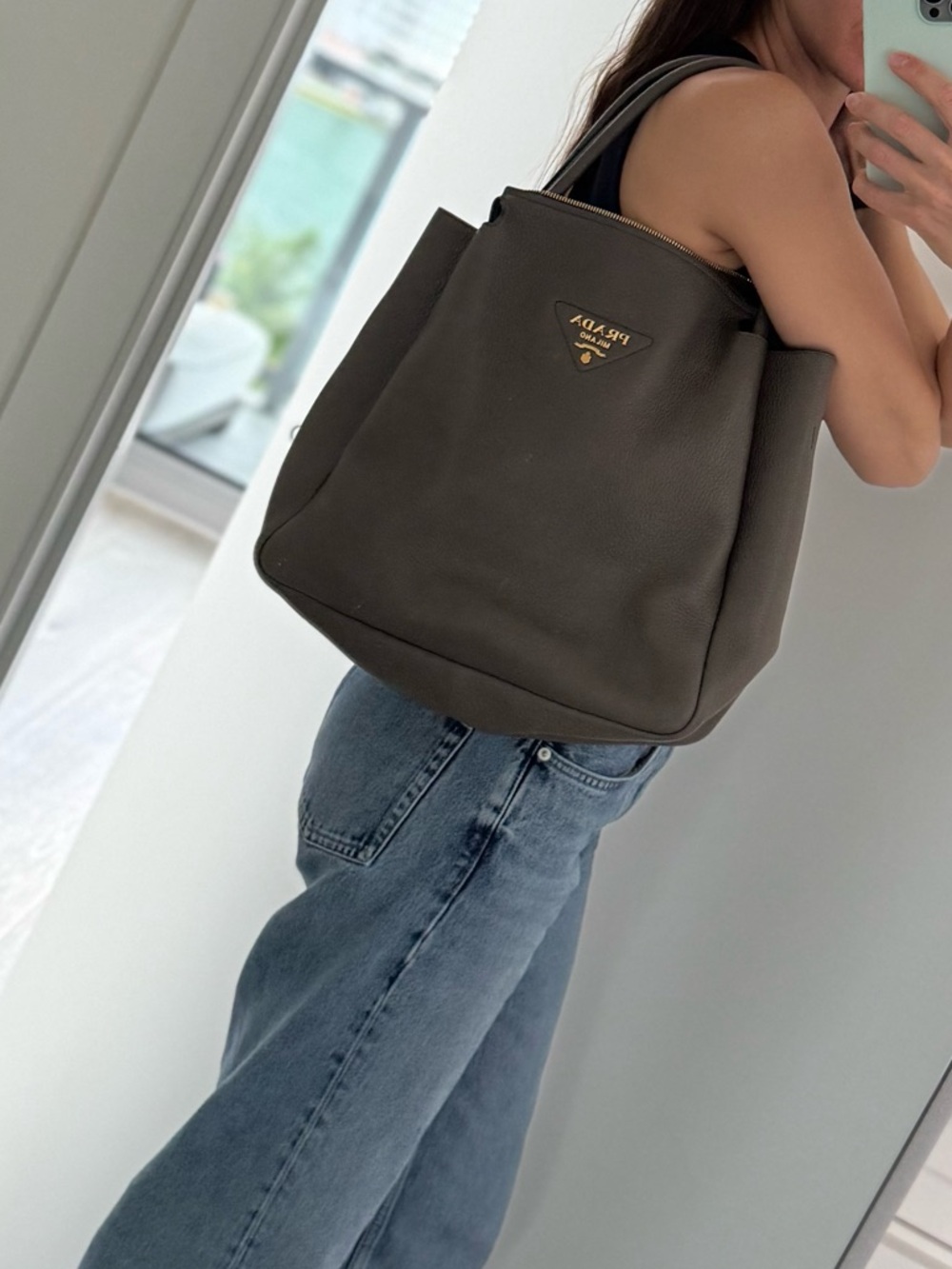 Prada Olive Taupe Pebbled Leather Tote with Gold Logo - Picture 4 of 4